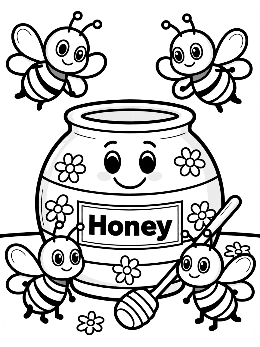 Happy honey pot with bee friends and a dipper