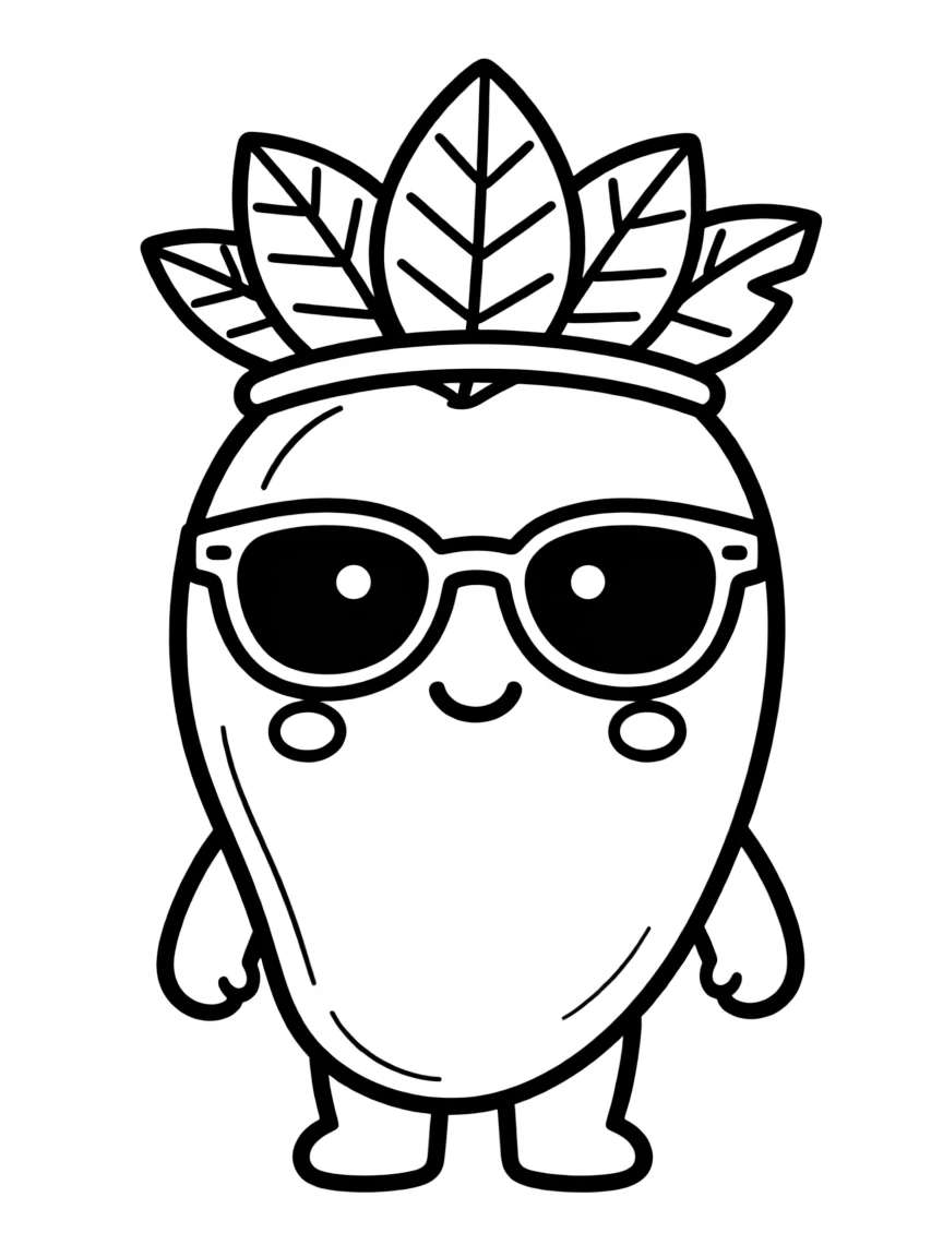 Kawaii mango with tropical leaf crown and sunglasses