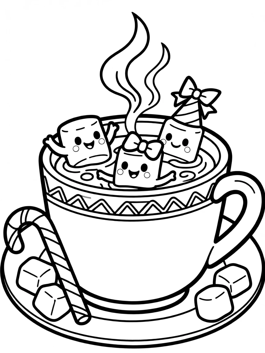 Cozy hot chocolate mug with marshmallow friends floating