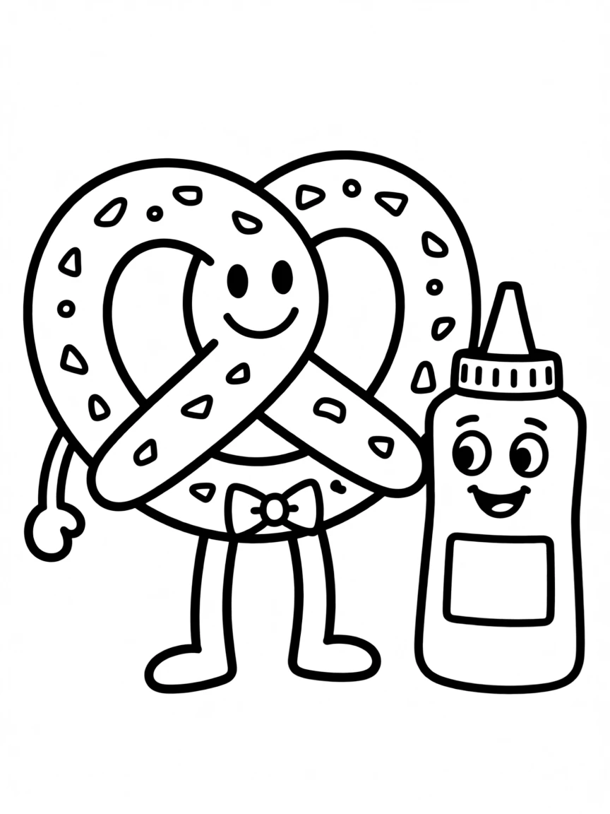 Smiling pretzel with salt crystals and mustard companion