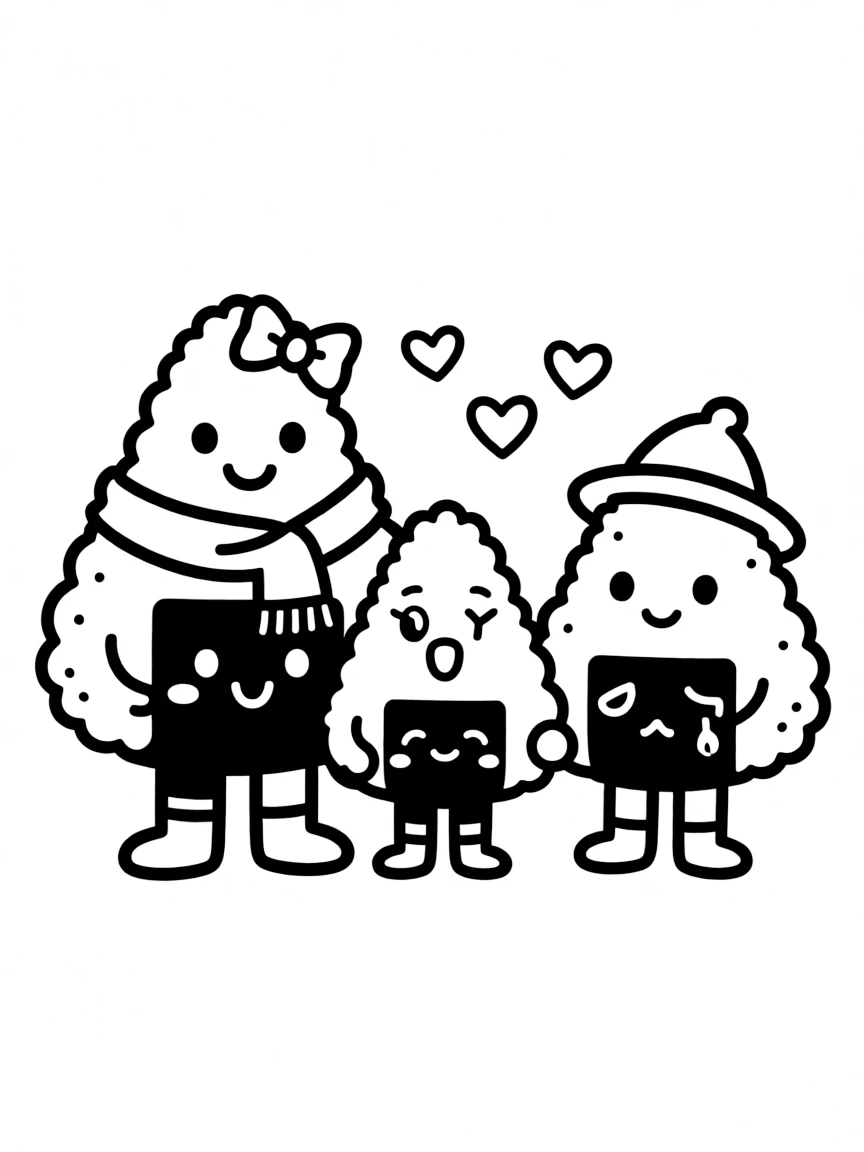 Onigiri family with different seaweed face expressions