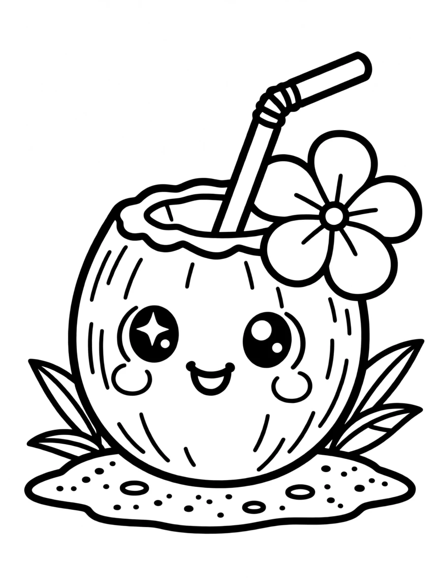 Kawaii coconut with straw and tropical flower