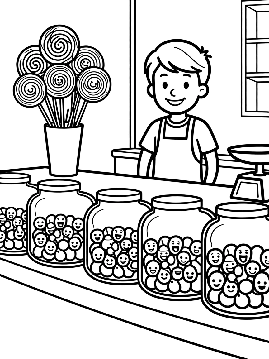 Candy shop with jars of smiling sweets and lollipops