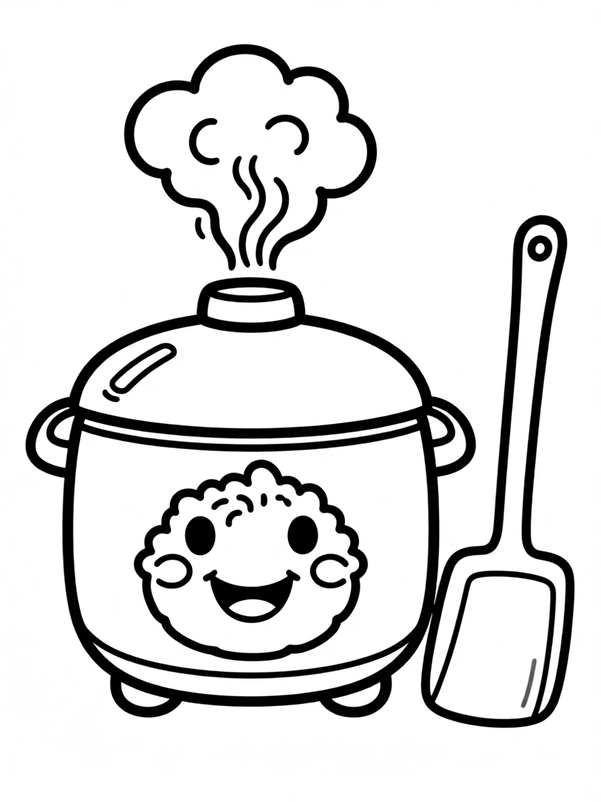 Adorable rice cooker with steam cloud and rice paddle