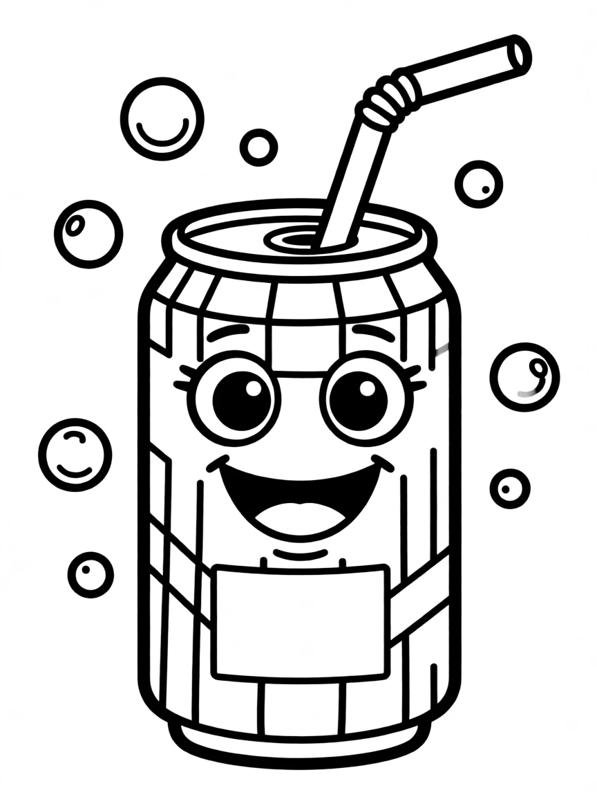 Smiling soda can with straw and fizzy bubbles