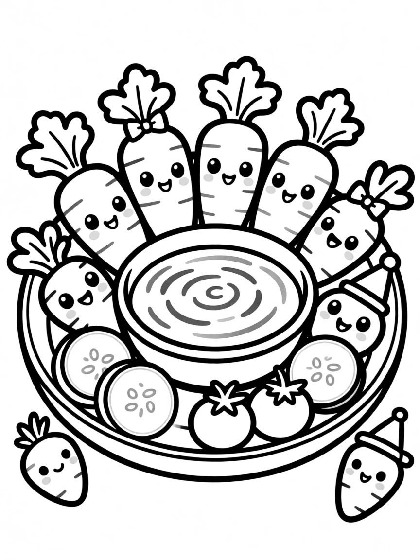 Kawaii veggie platter with dip bowl and carrot friends
