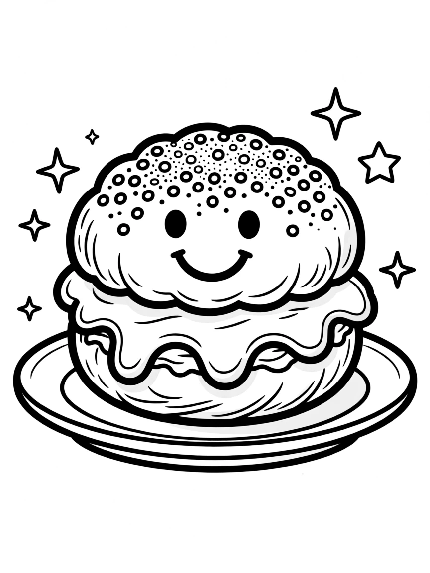 Happy cream puff with filling oozing out and powdered sugar