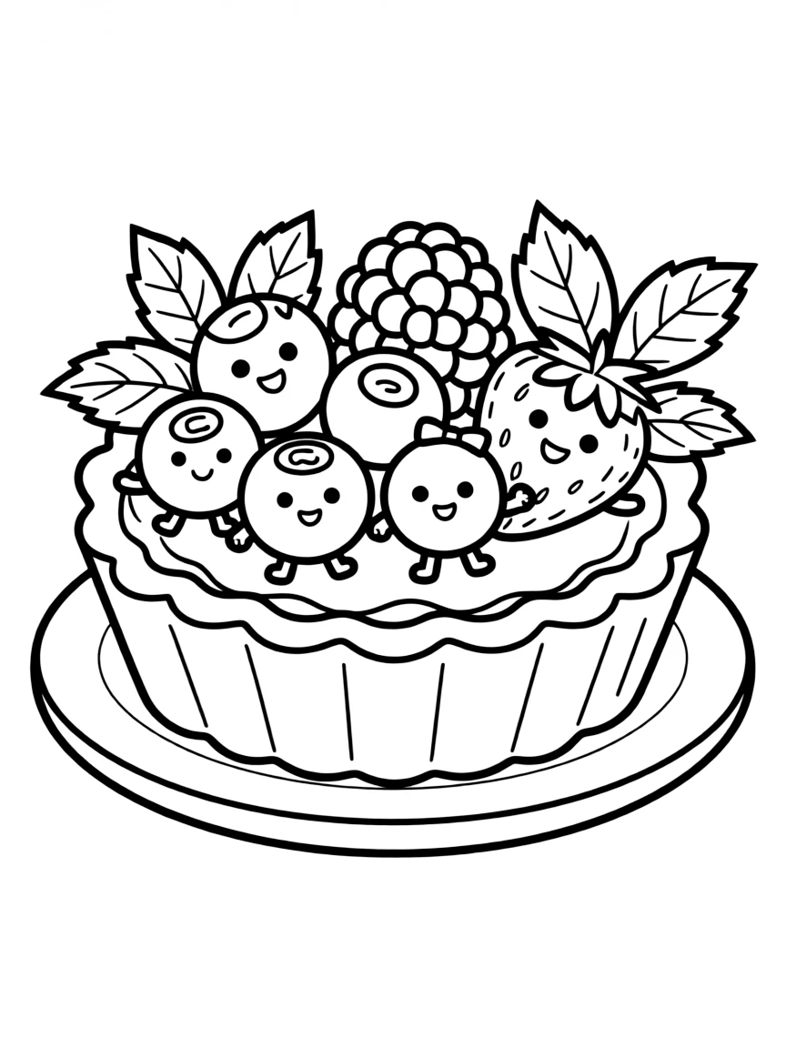 Cute fruit tart with berry friends and mint leaf