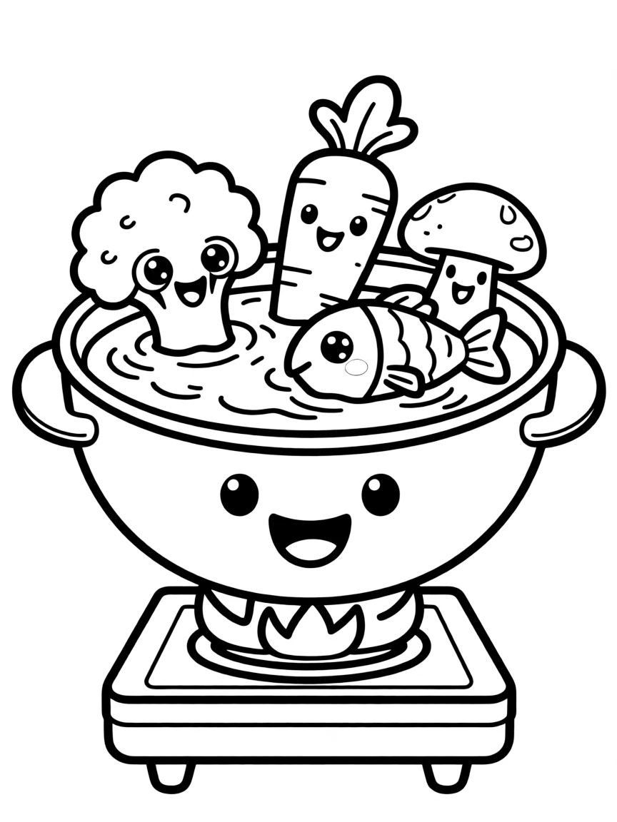 Kawaii hotpot with ingredient friends swimming inside