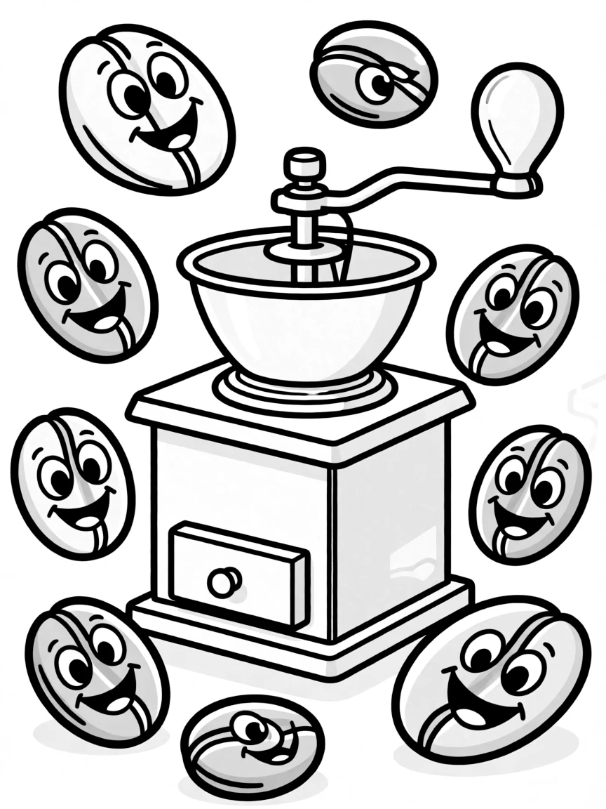Smiling coffee beans around a coffee grinder