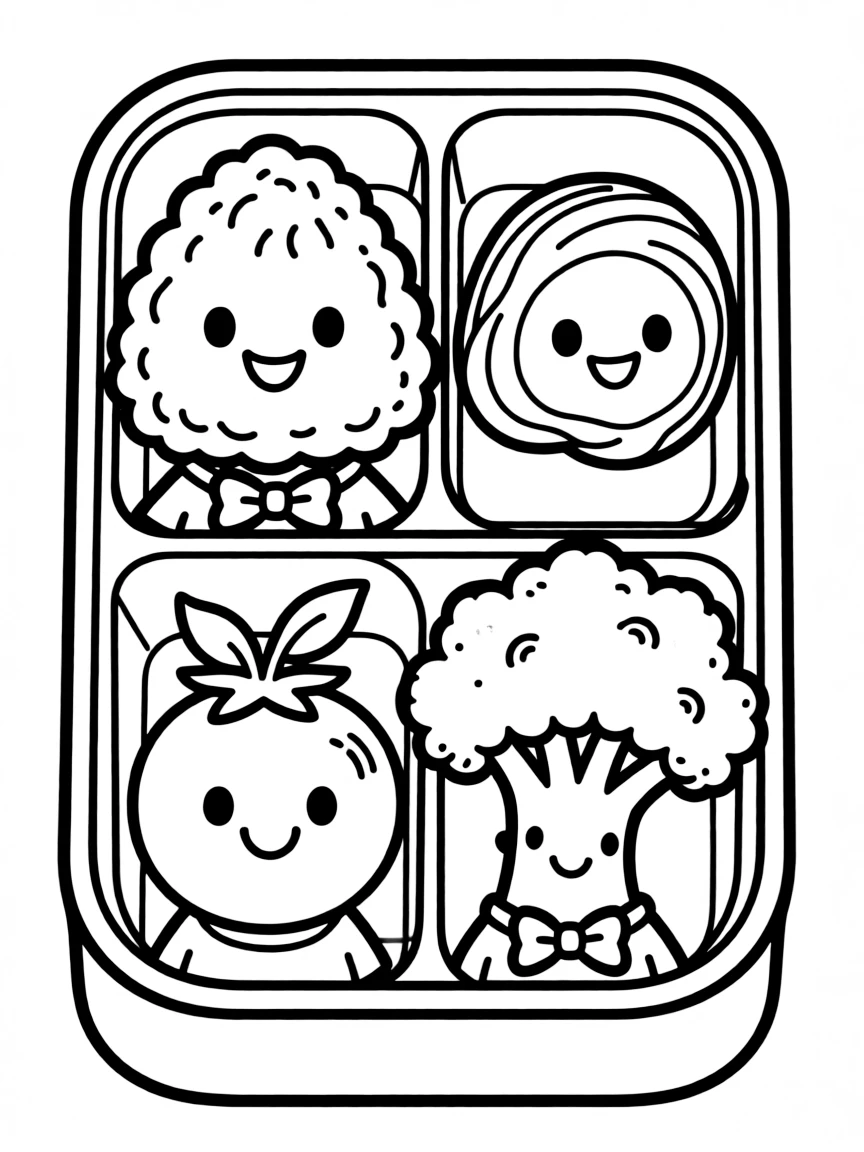 Adorable bento box with compartments of food friends