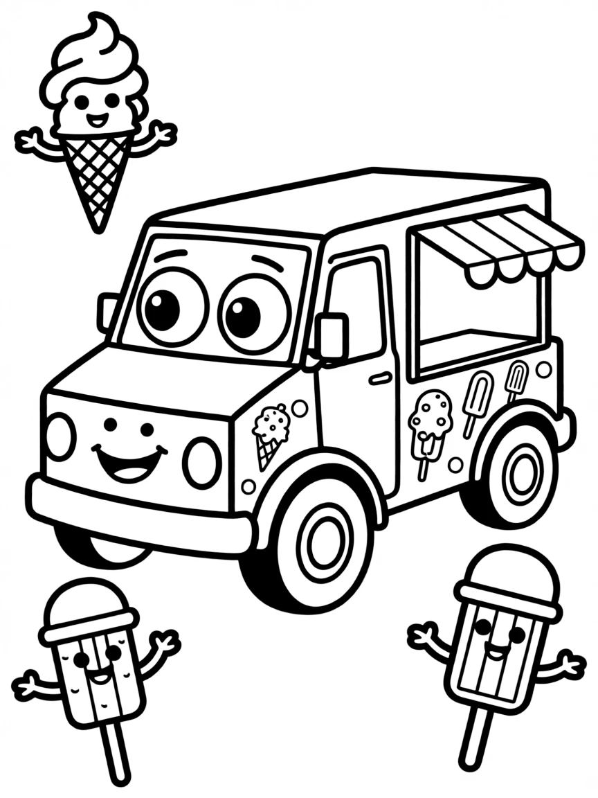 Cheerful ice cream truck with cone and popsicle friends