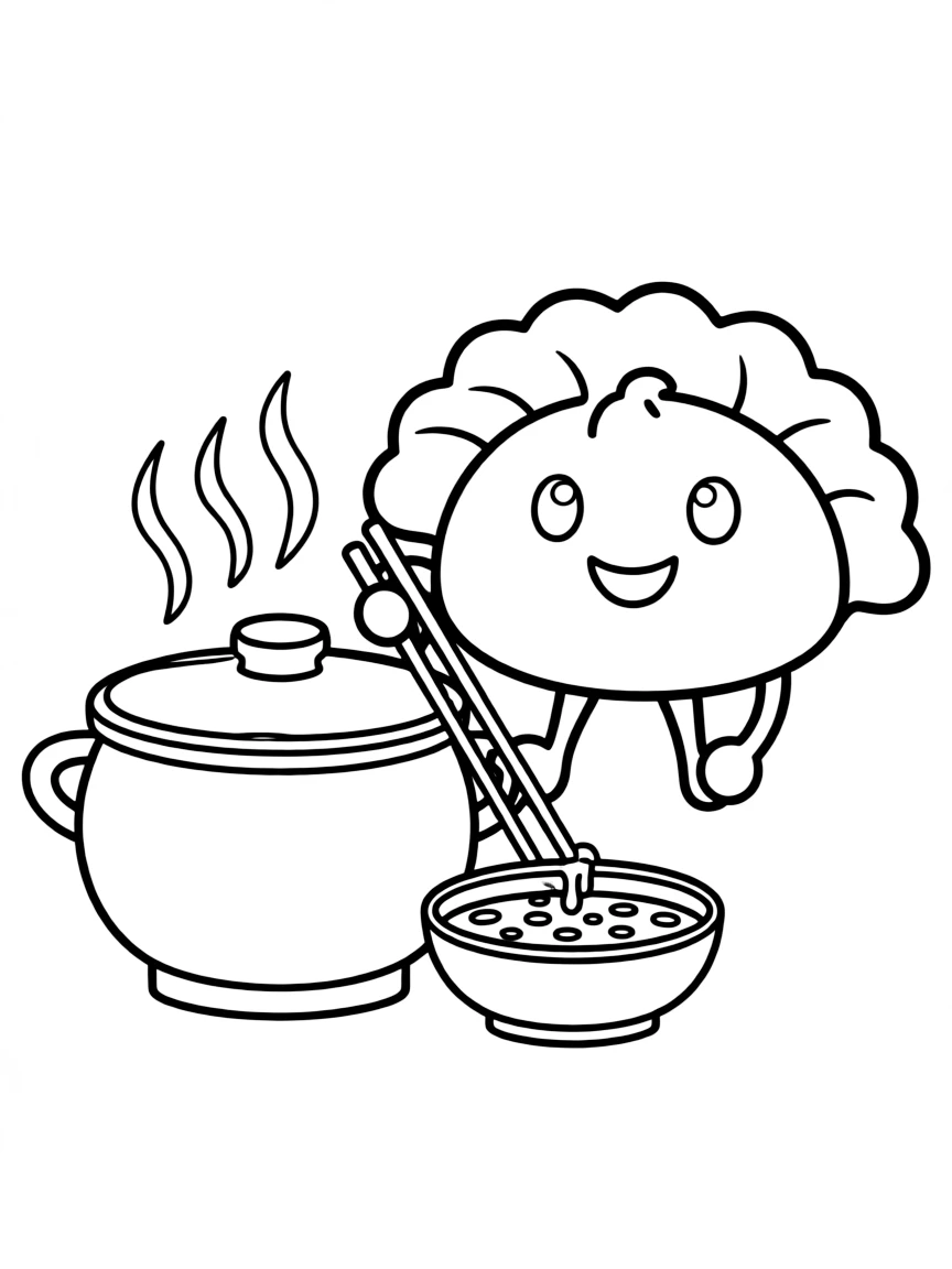 Happy dumpling with a steaming pot and dipping sauce