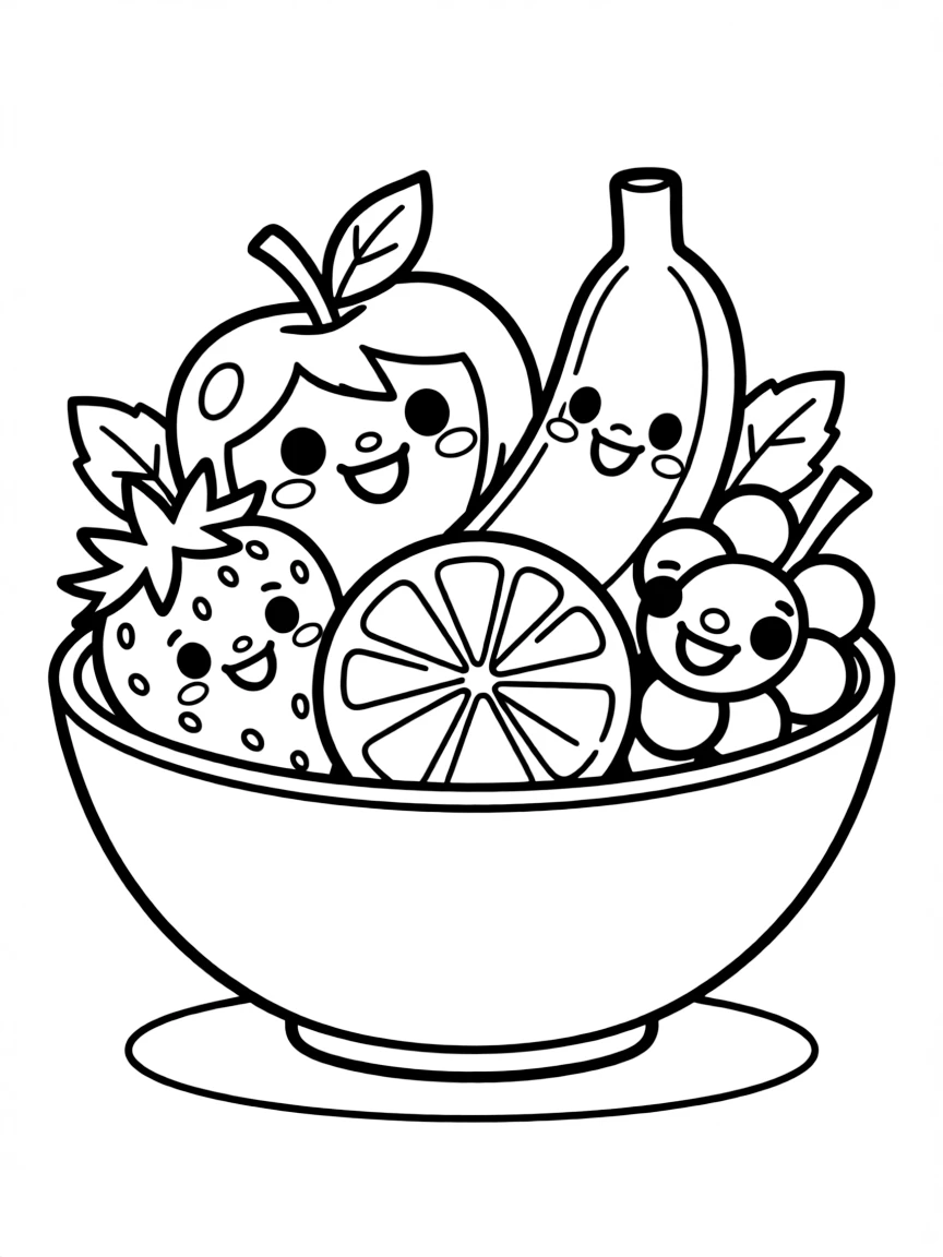 Kawaii fruit salad bowl with different fruit characters