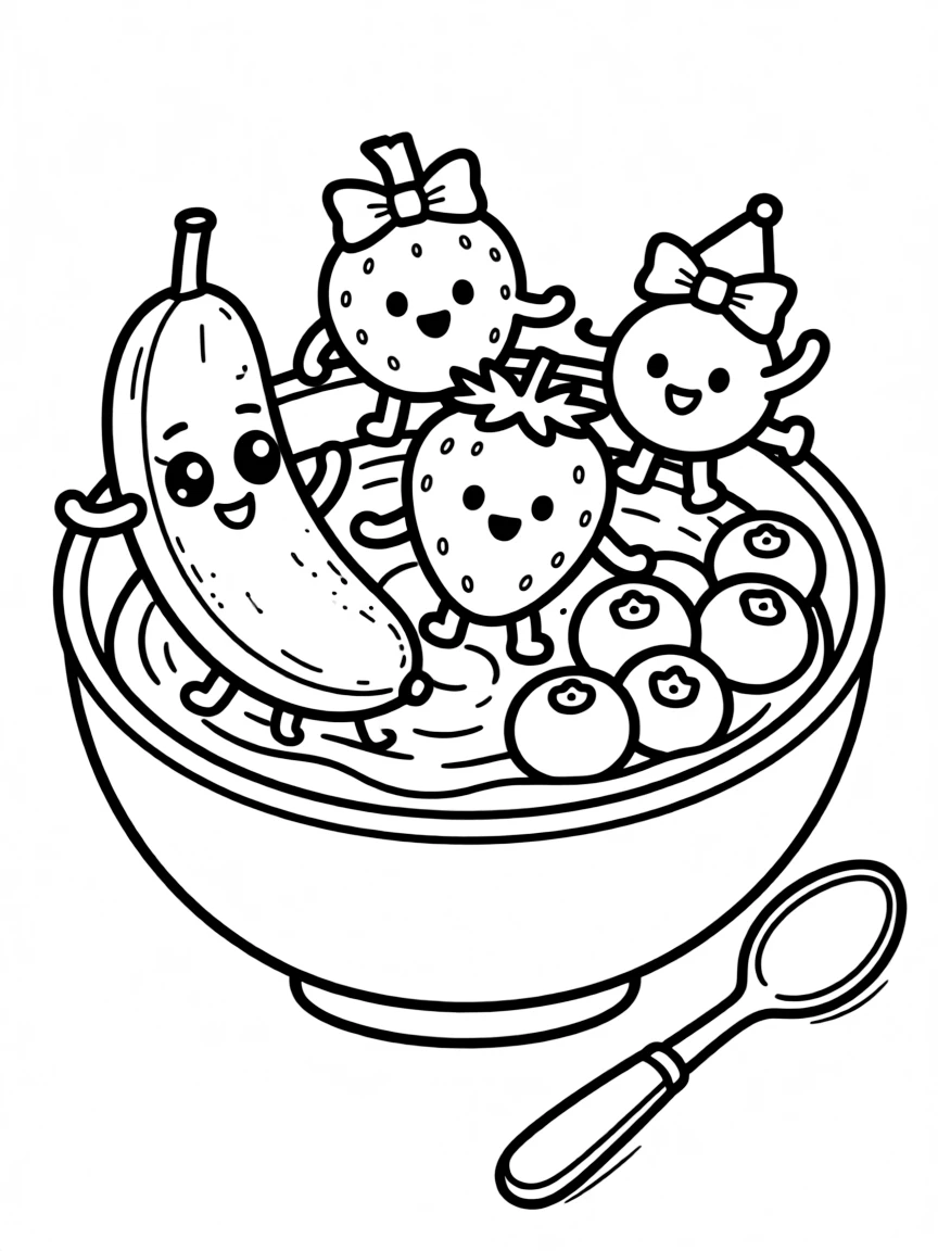 Kawaii smoothie bowl with fruit topping friends