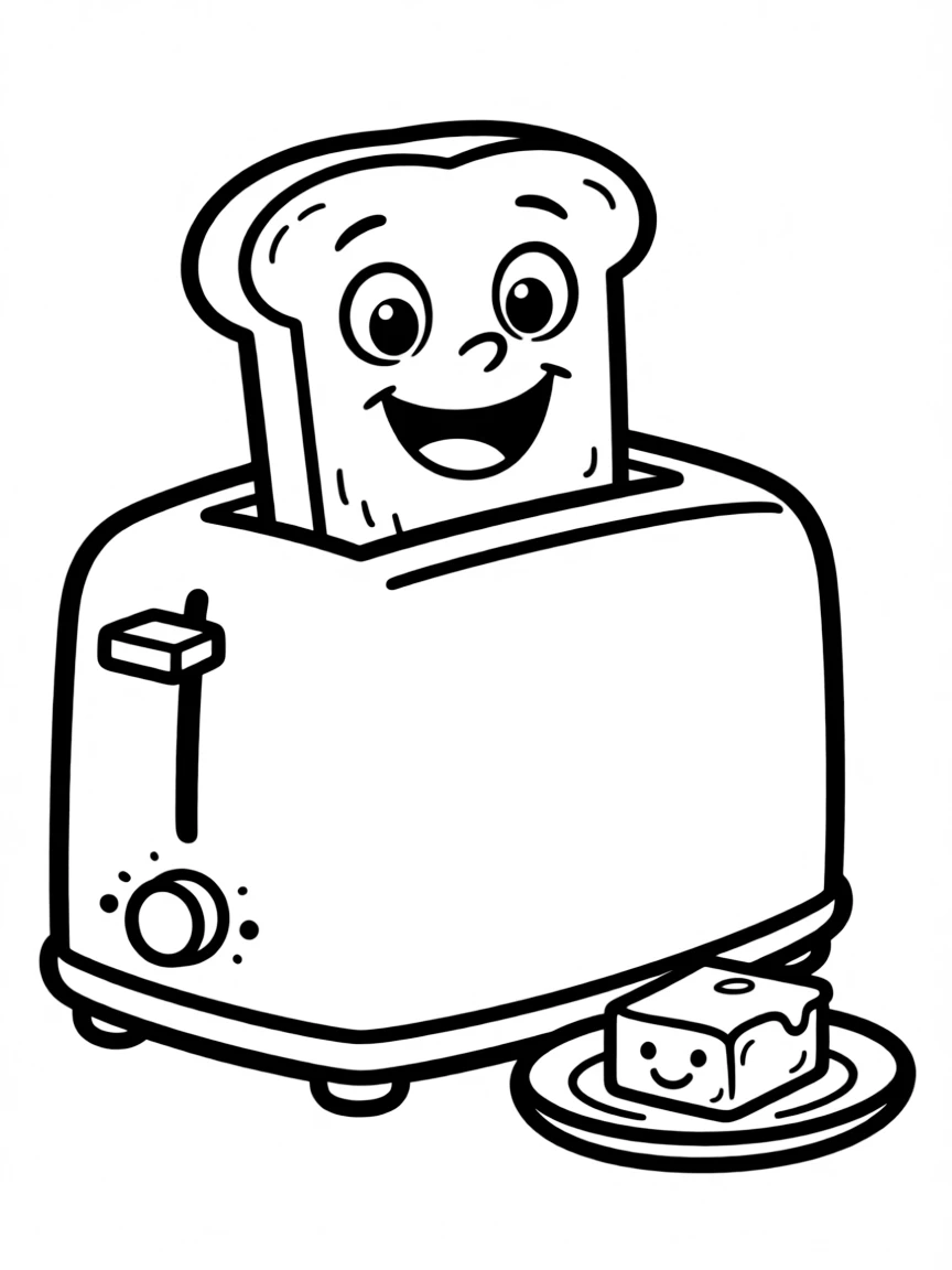 Smiling bread slice in a toaster with butter waiting nearby
