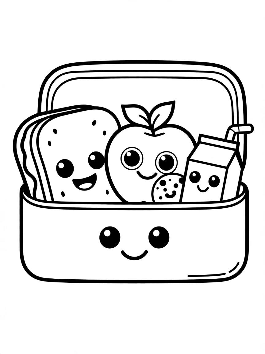 Kawaii lunch box with sandwich, fruit, and snack friends
