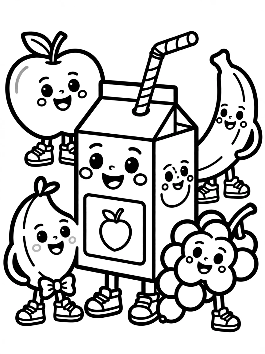Cute juice box with straw and fruit friends