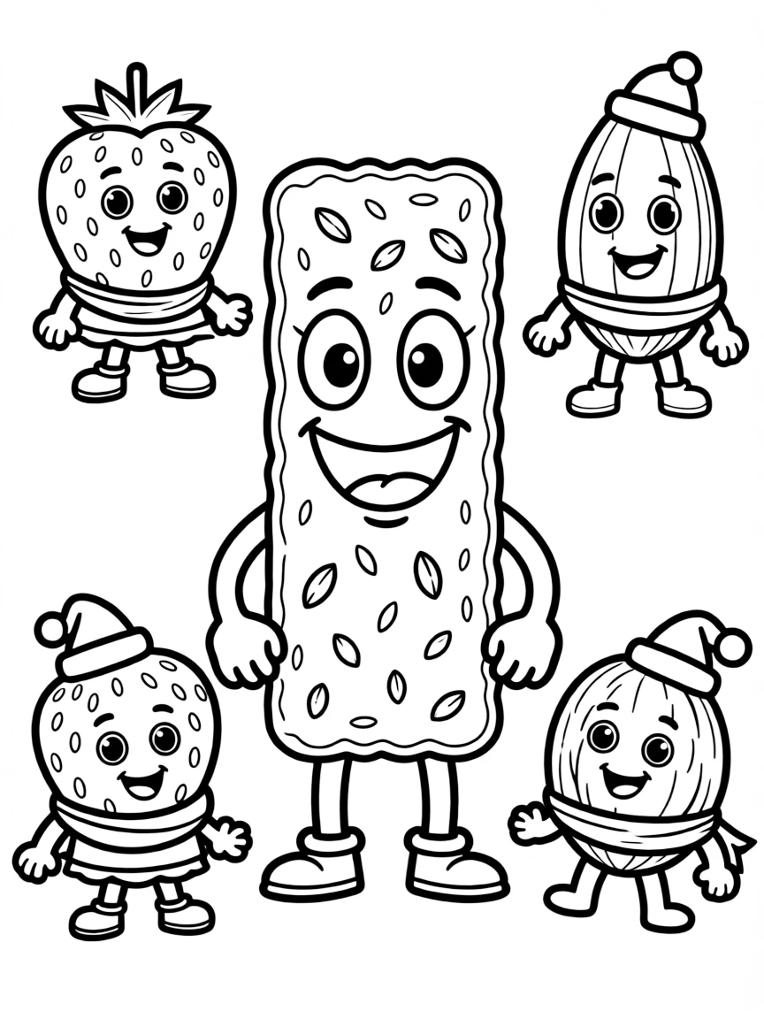Smiling granola bar with fruit and nut friends