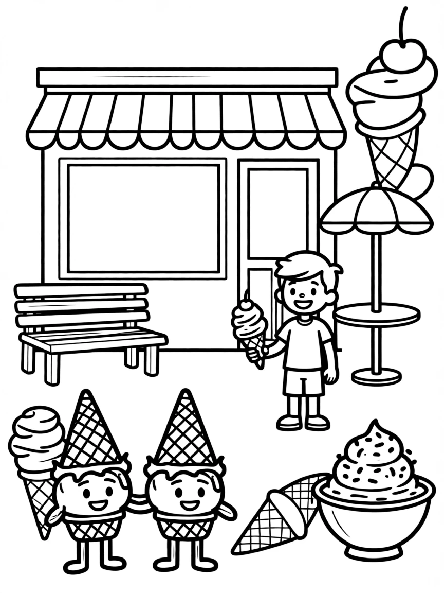 Adorable ice cream parlor with scoop characters