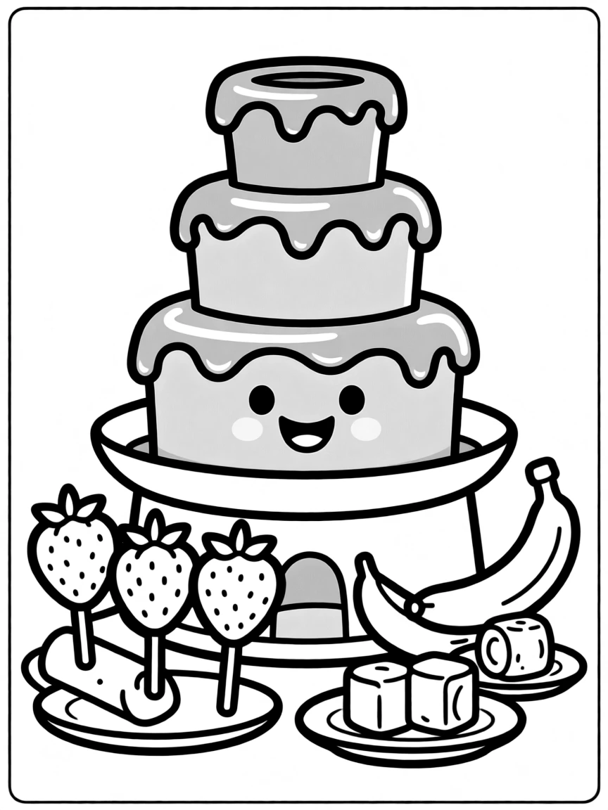 Cute chocolate fountain with fruit dippers and marshmallows