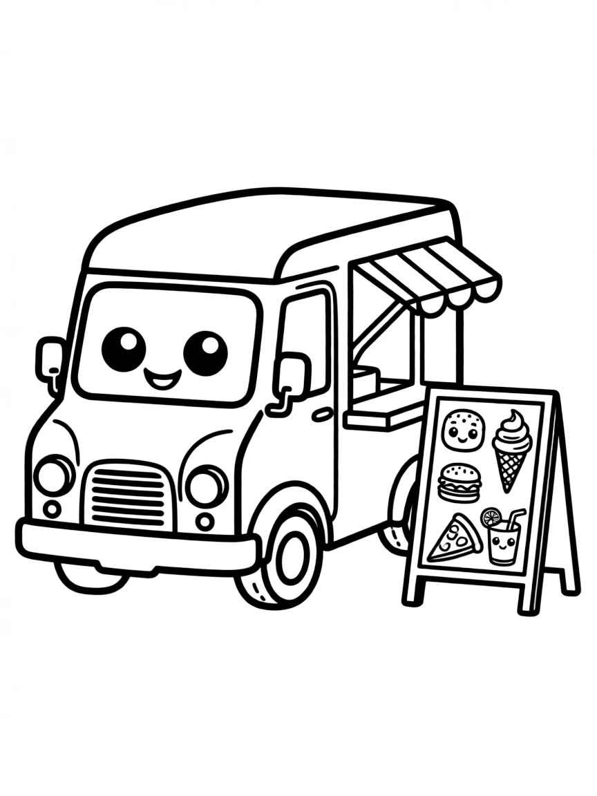 Kawaii food truck with menu of smiling dishes