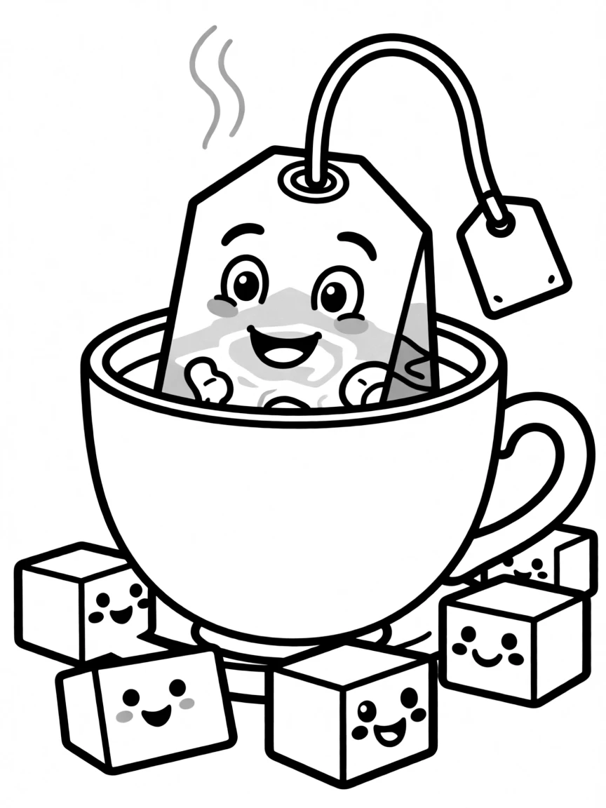 Smiling tea bag in a teacup with sugar cube friends