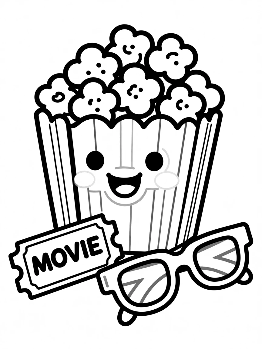 Kawaii popcorn box with movie ticket and 3D glasses