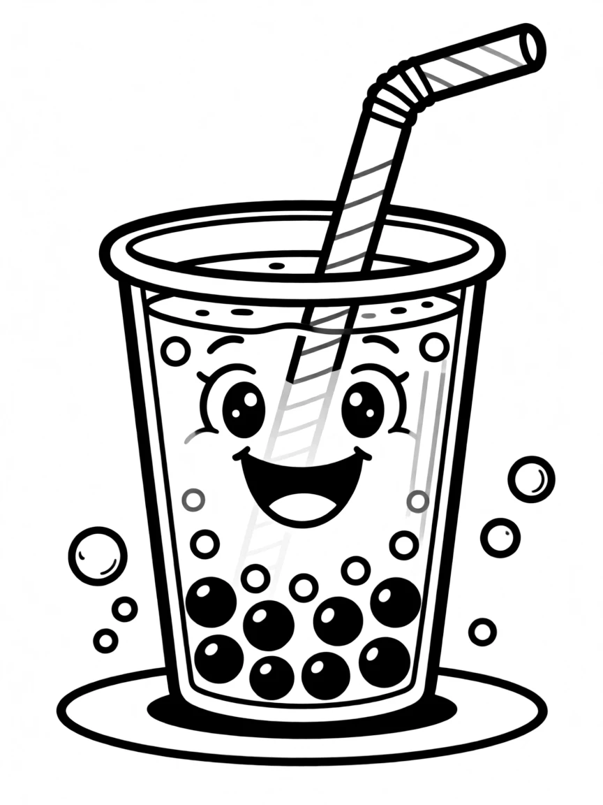 Smiling bubble tea with bobas and wide eyes