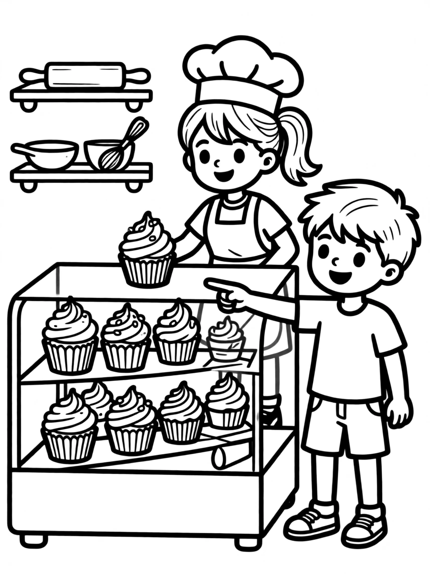 Adorable cupcake bakery with display case of characters