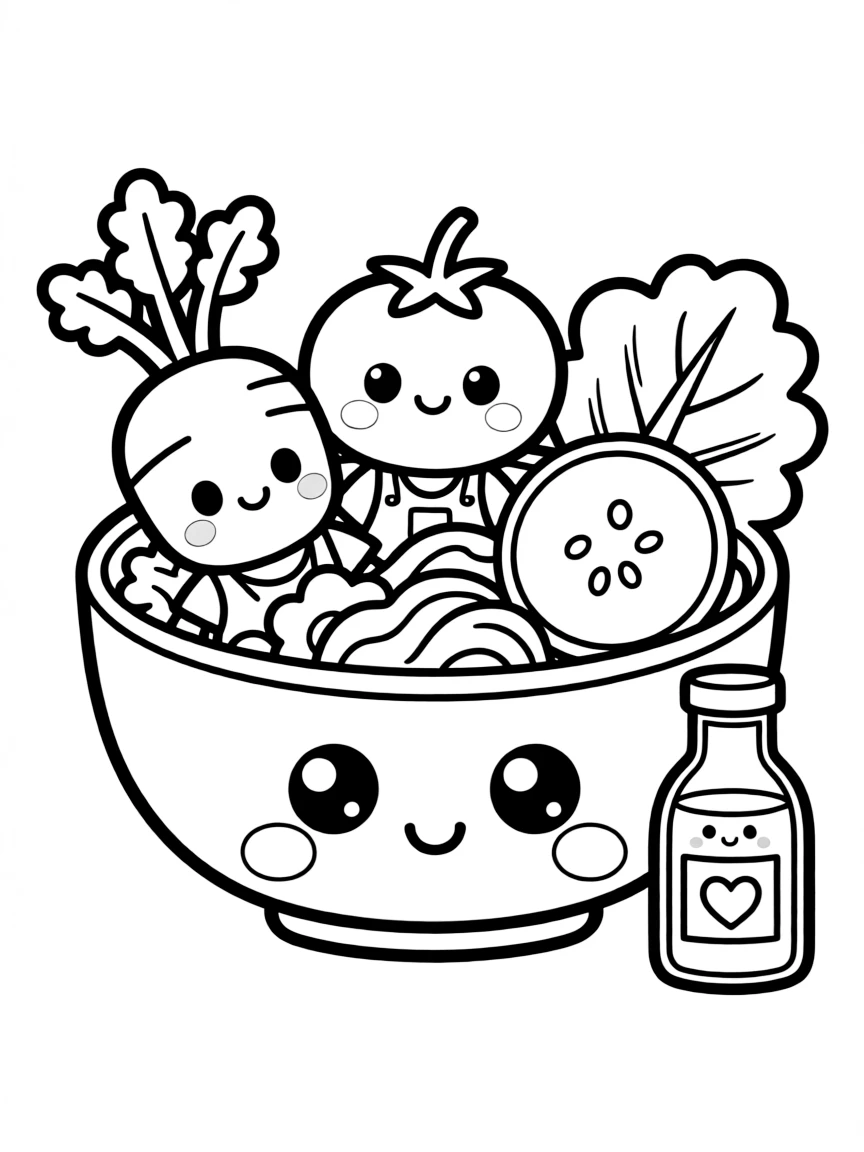 Kawaii salad bowl with veggie friends and dressing