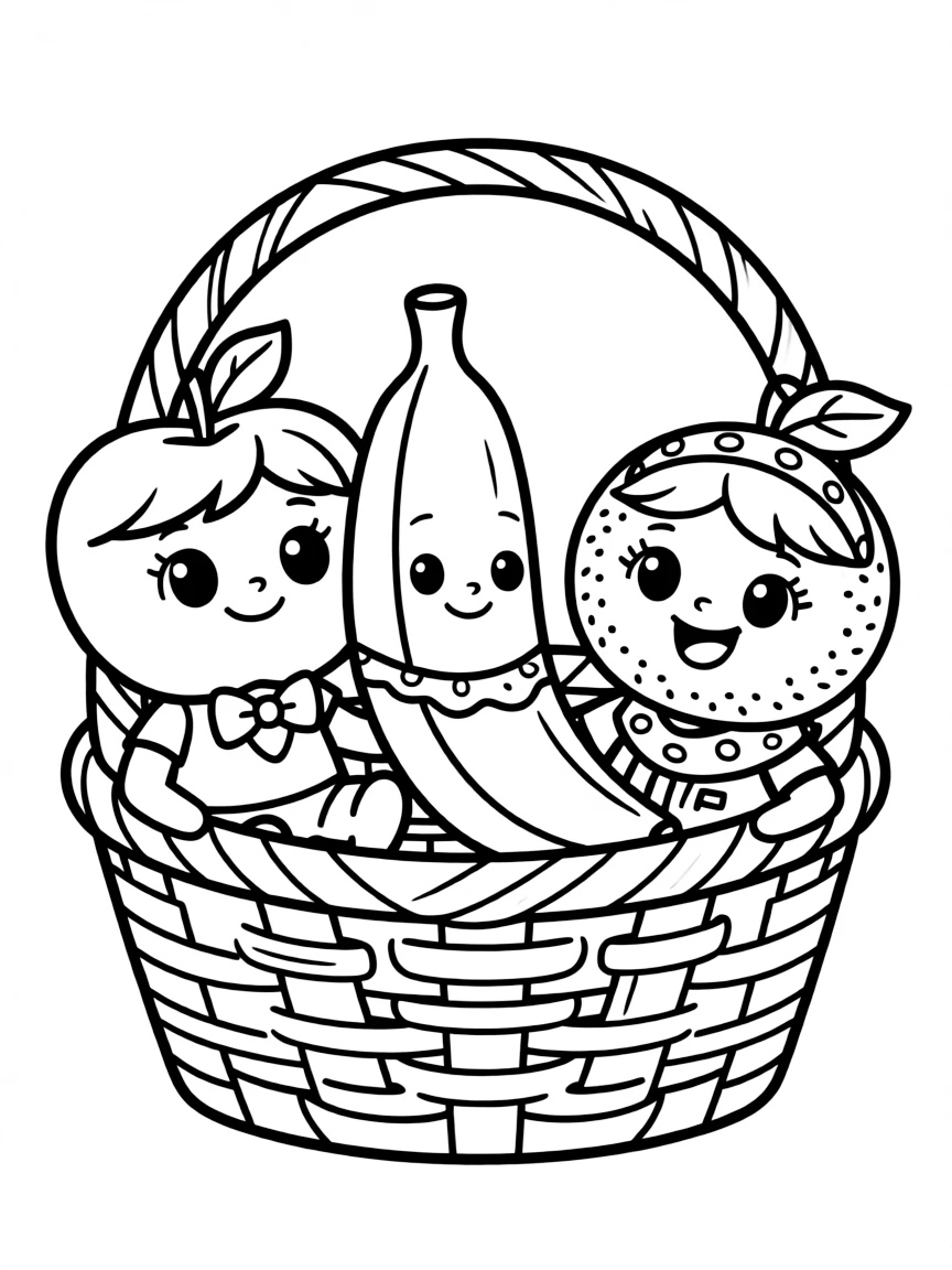 Cute fruit basket with apple, banana, and orange friends