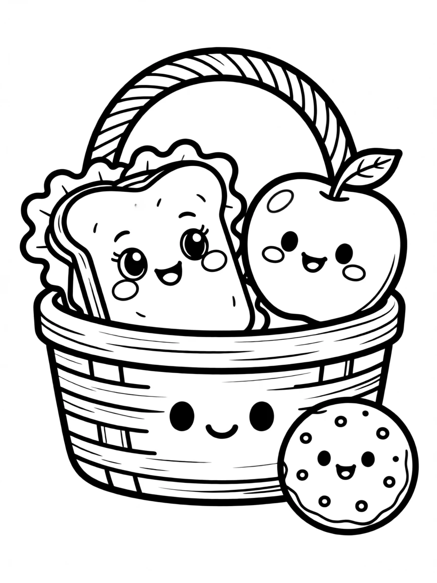 Kawaii picnic basket with sandwich, fruit, and cookie pals