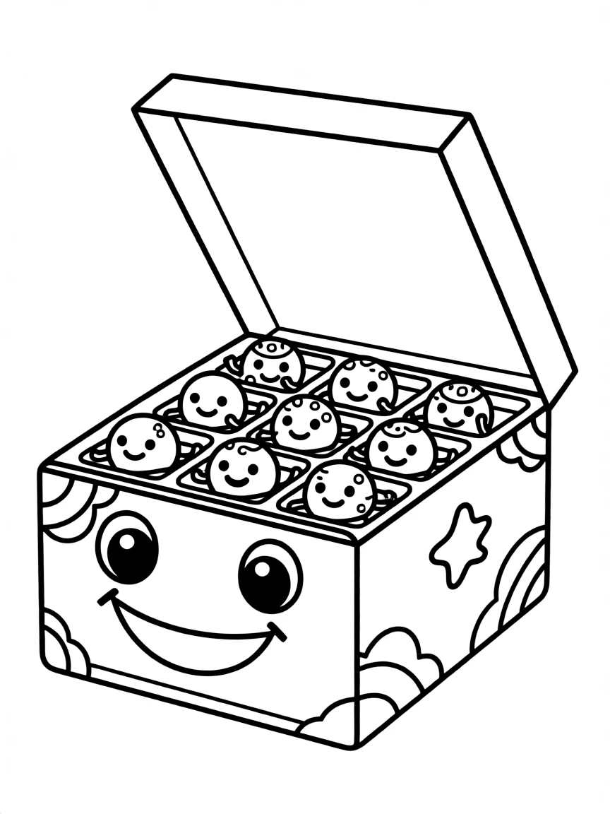 Smiling chocolate box with truffle characters inside