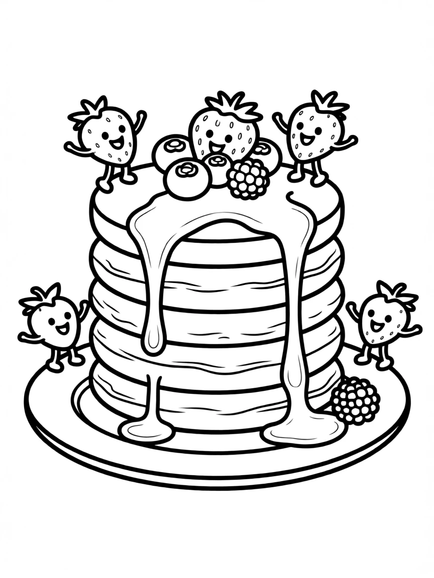 Adorable pancake stack with syrup and berry friends