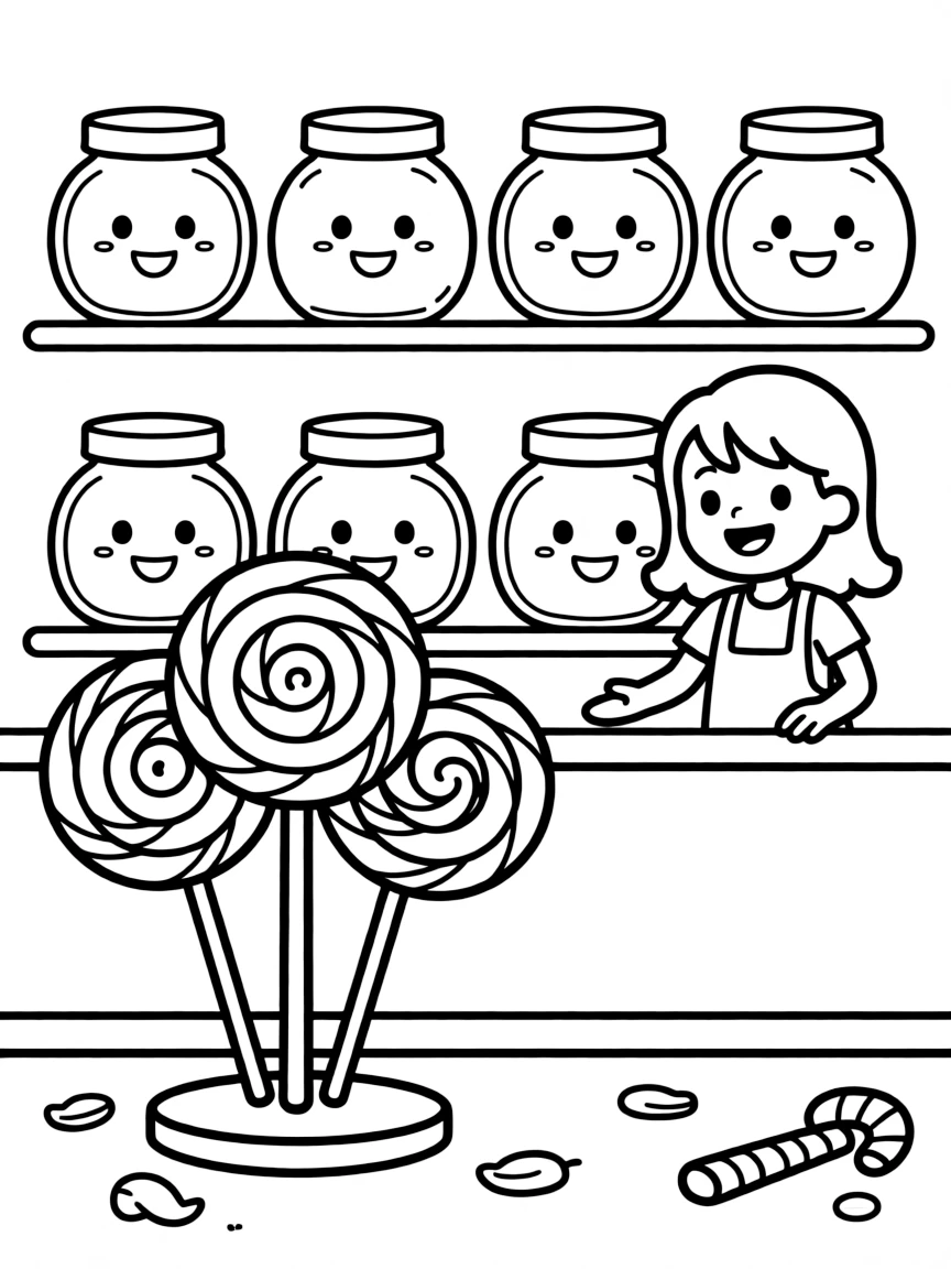 Happy candy shop with jar characters and lollipop display