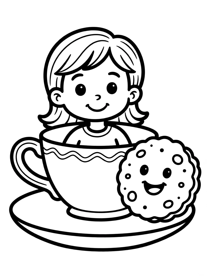 Smiling teacup with cookie friend on the saucer