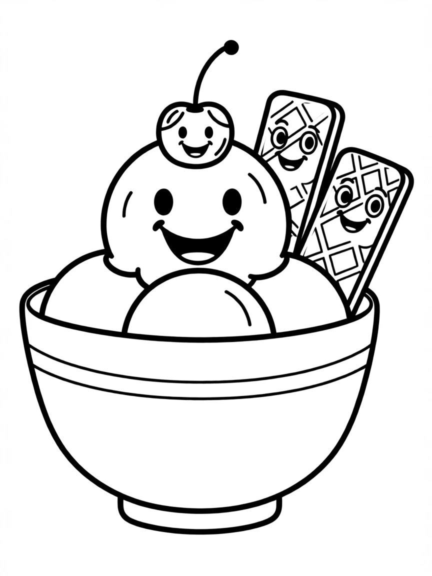 Happy ice cream sundae with cherry and wafer friends