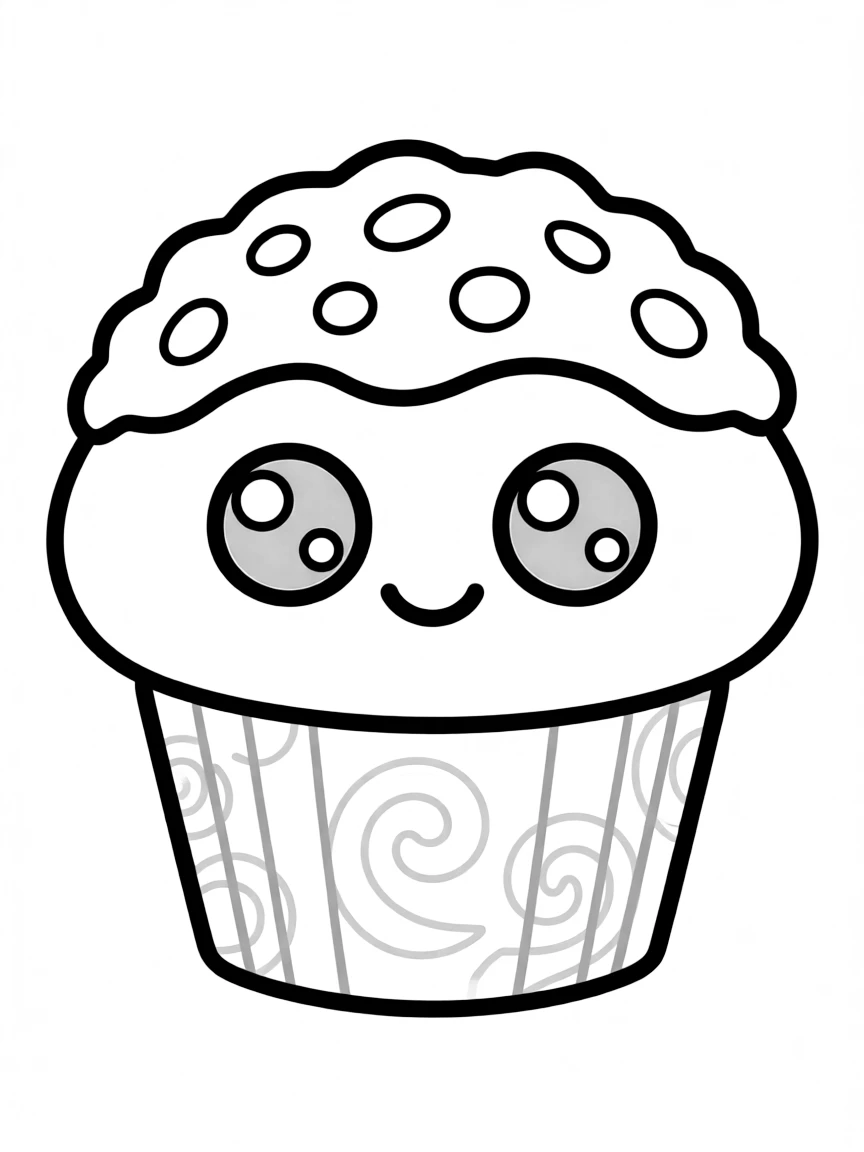 Kawaii muffin with blueberry eyes and crumb topping