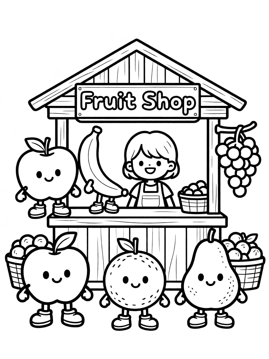 Kawaii fruit shop with different fruit character displays