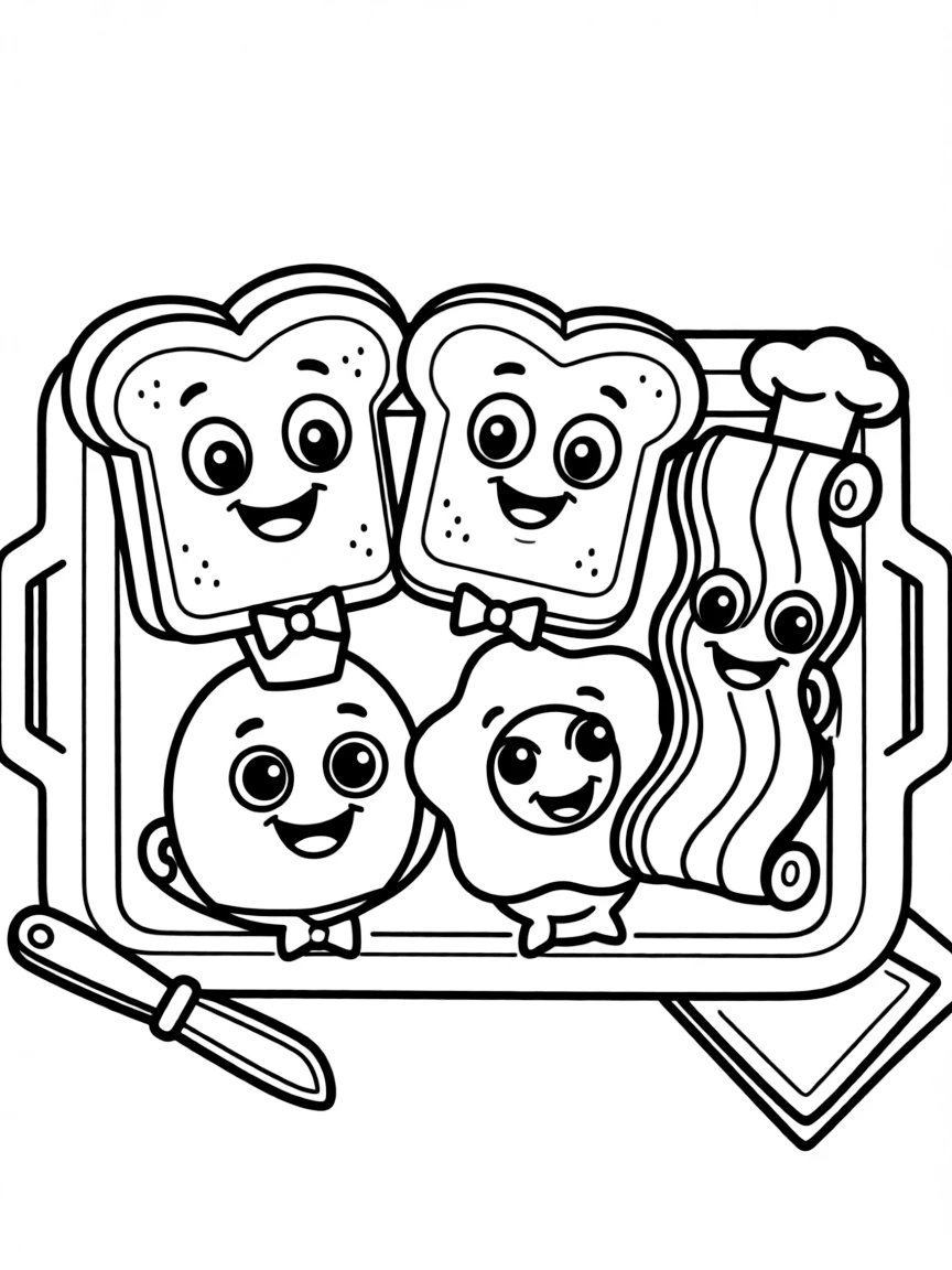 Happy breakfast tray with toast, egg, and bacon friends