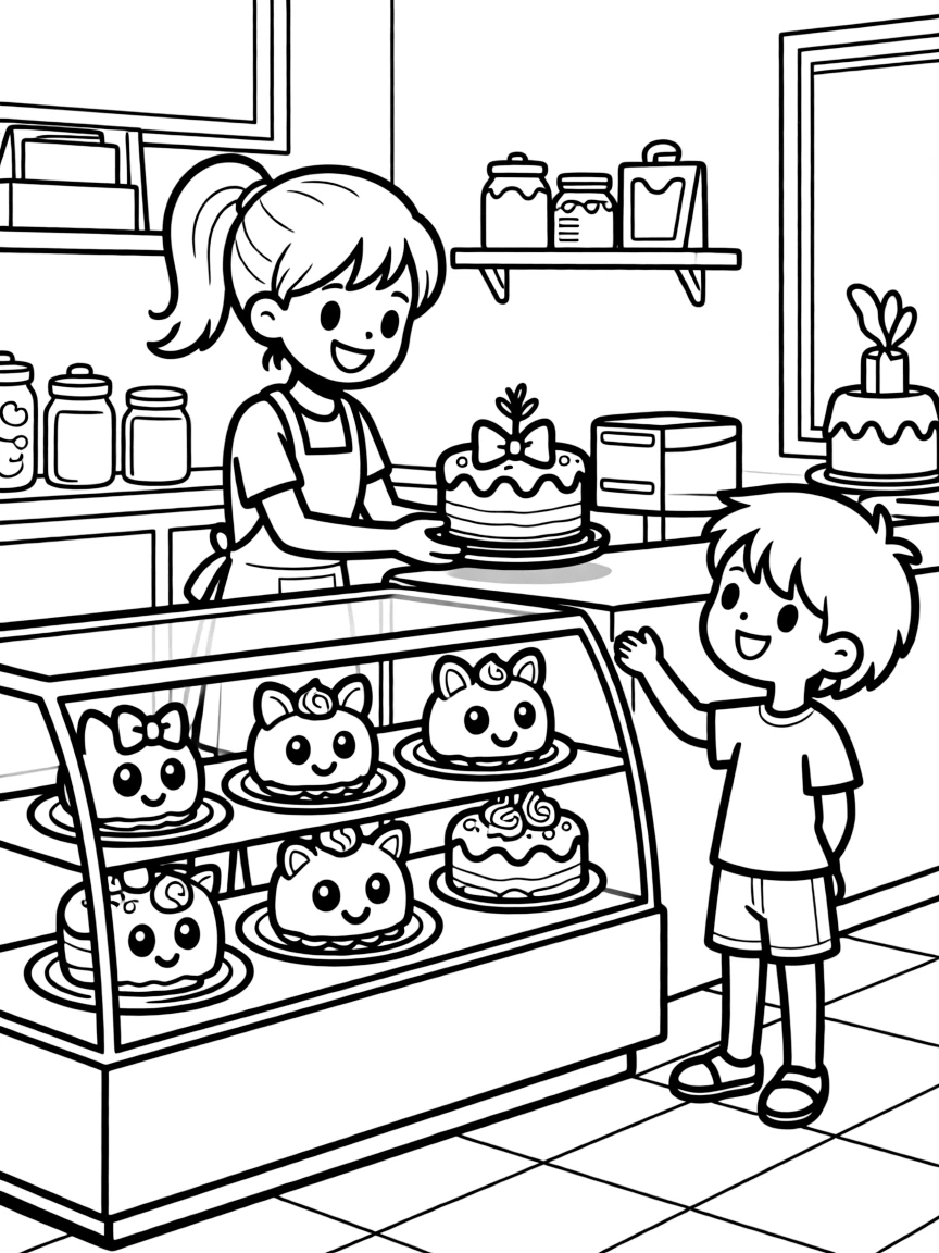 Kawaii cake shop with display case of character cakes
