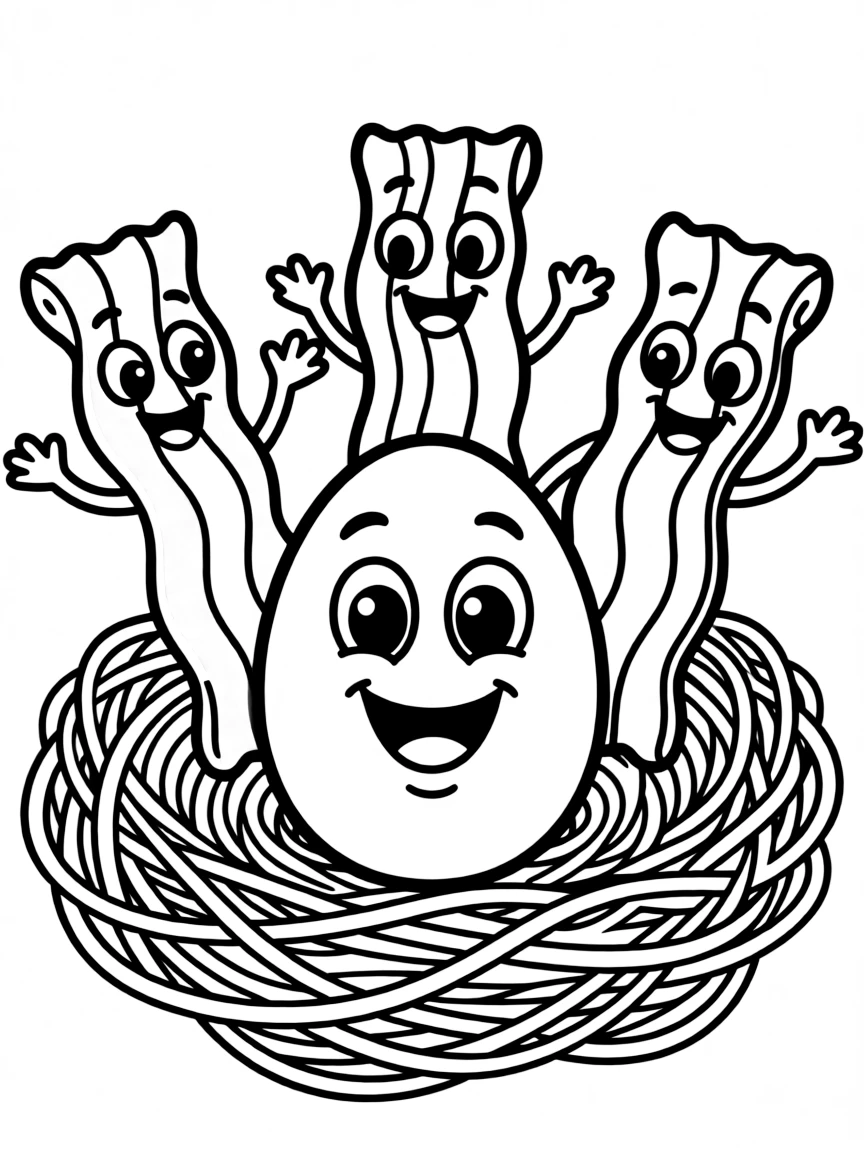 Smiling egg in a nest with bacon strip friends