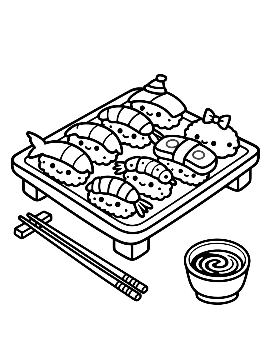 Kawaii sushi platter with different nigiri characters