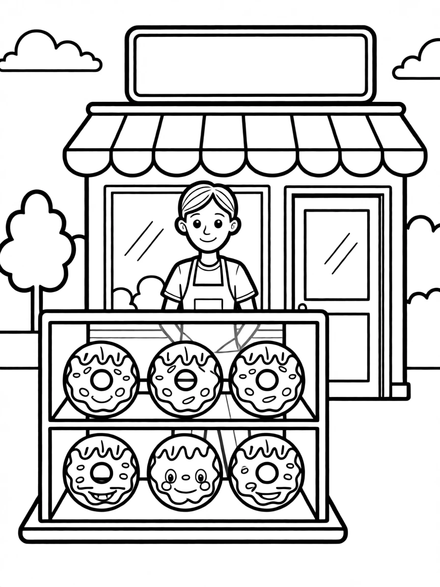 Cute donut shop with display case of characters