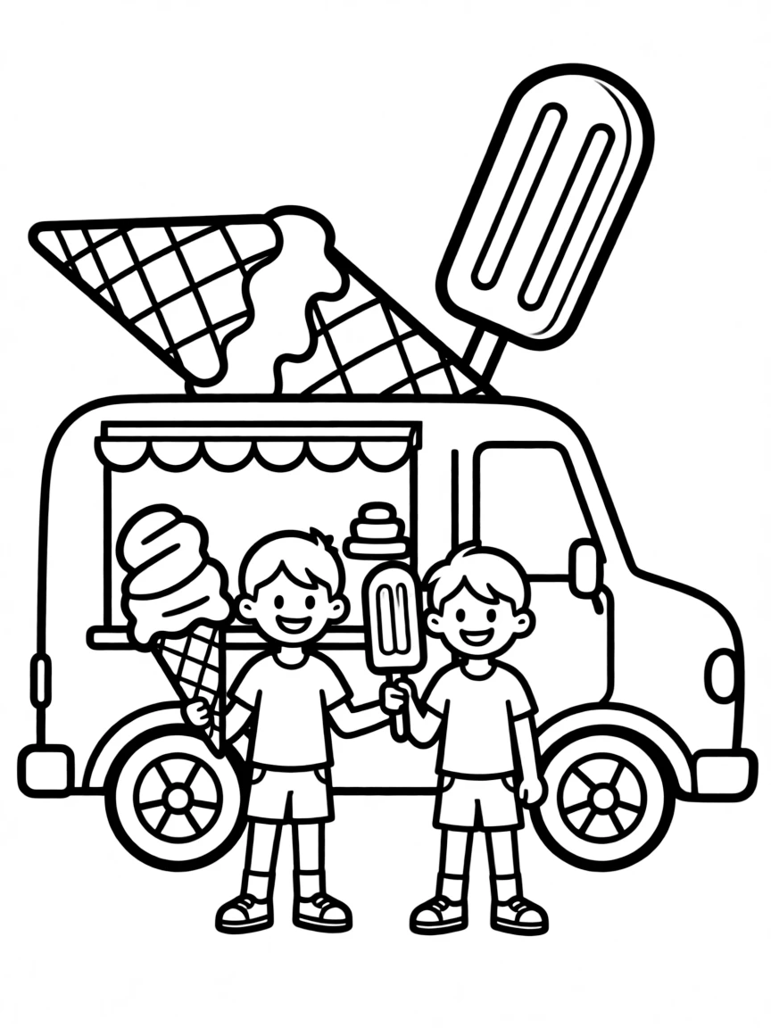 Adorable ice cream truck with cone and popsicle vendors