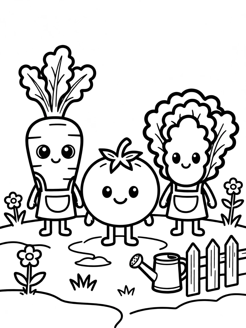Kawaii vegetable garden with carrot, tomato, and lettuce characters