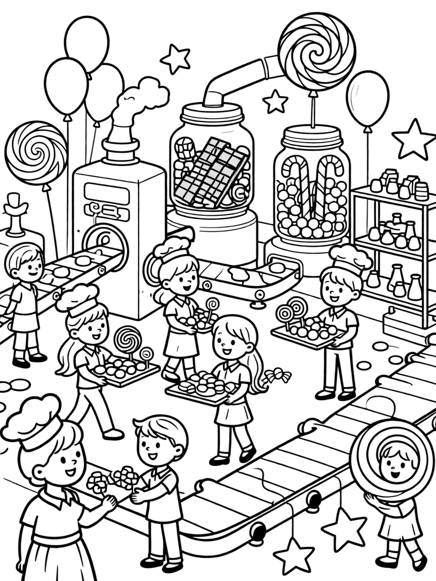 Happy candy factory with sweet character workers