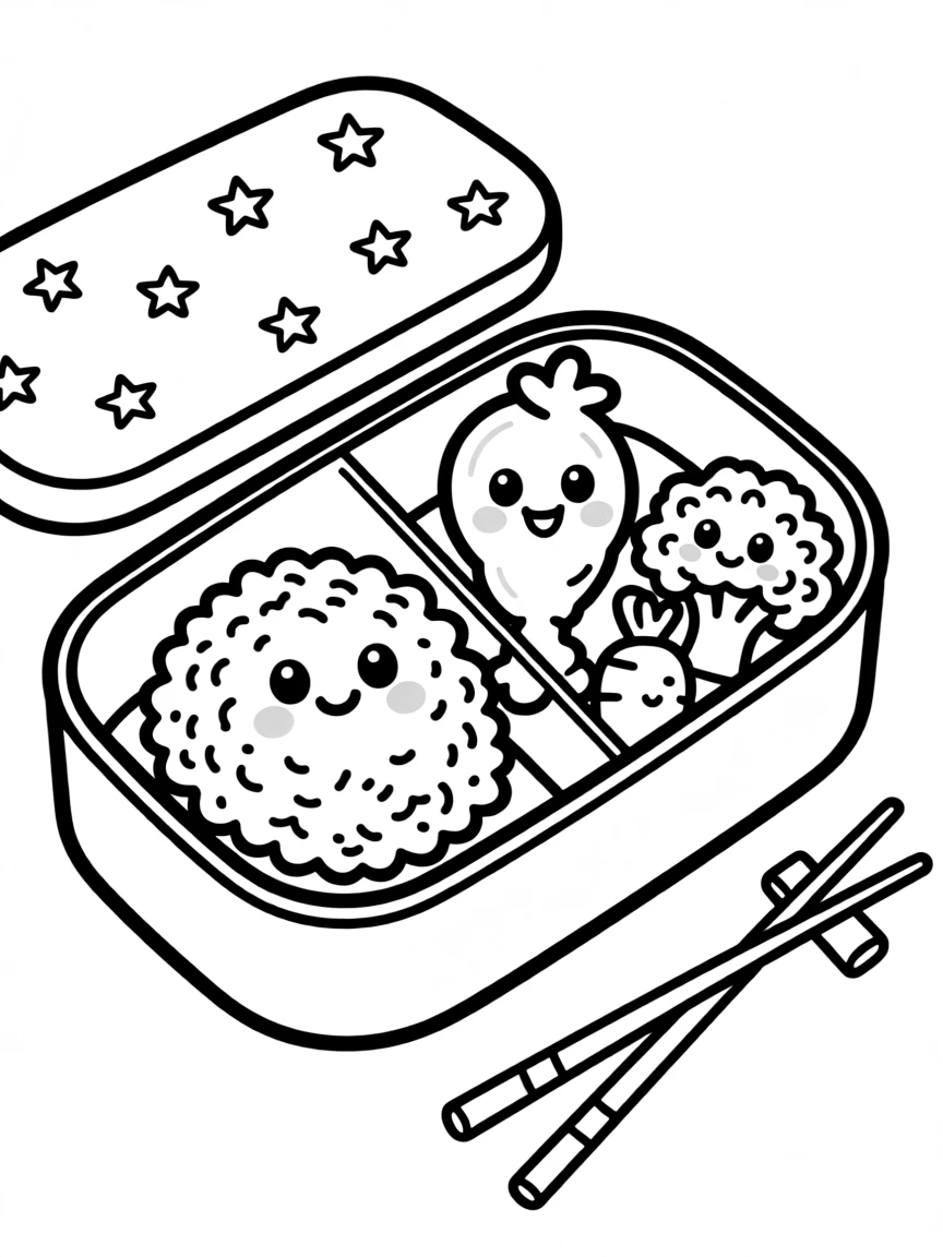 Cute bento box lunch with rice, protein, and side dish friends