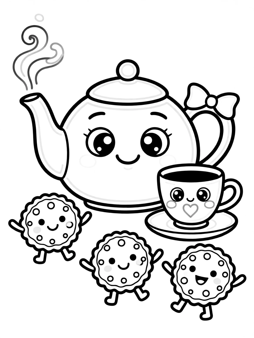 Kawaii tea party with teapot, cup, and cookie friends